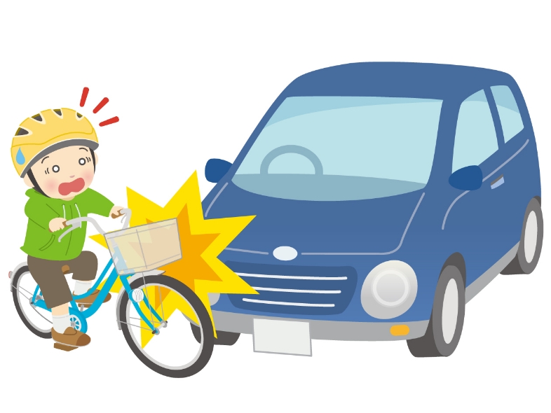 駐車中の車に自転車をぶつけて傷をつけてしまった男の子のイラスト