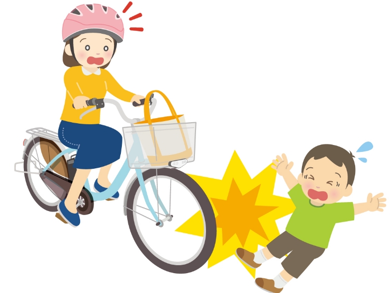 自転車で走行中に歩いていた男の子とぶつかってしまった女性のイラスト